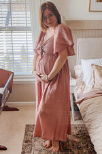 Mauve Front Tie Ruffle Sleeve Maternity Midi Dress by PinkBlush (view 4 of 11)