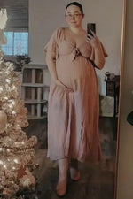 Mauve Front Tie Ruffle Sleeve Maternity Midi Dress by PinkBlush (view 5 of 11)