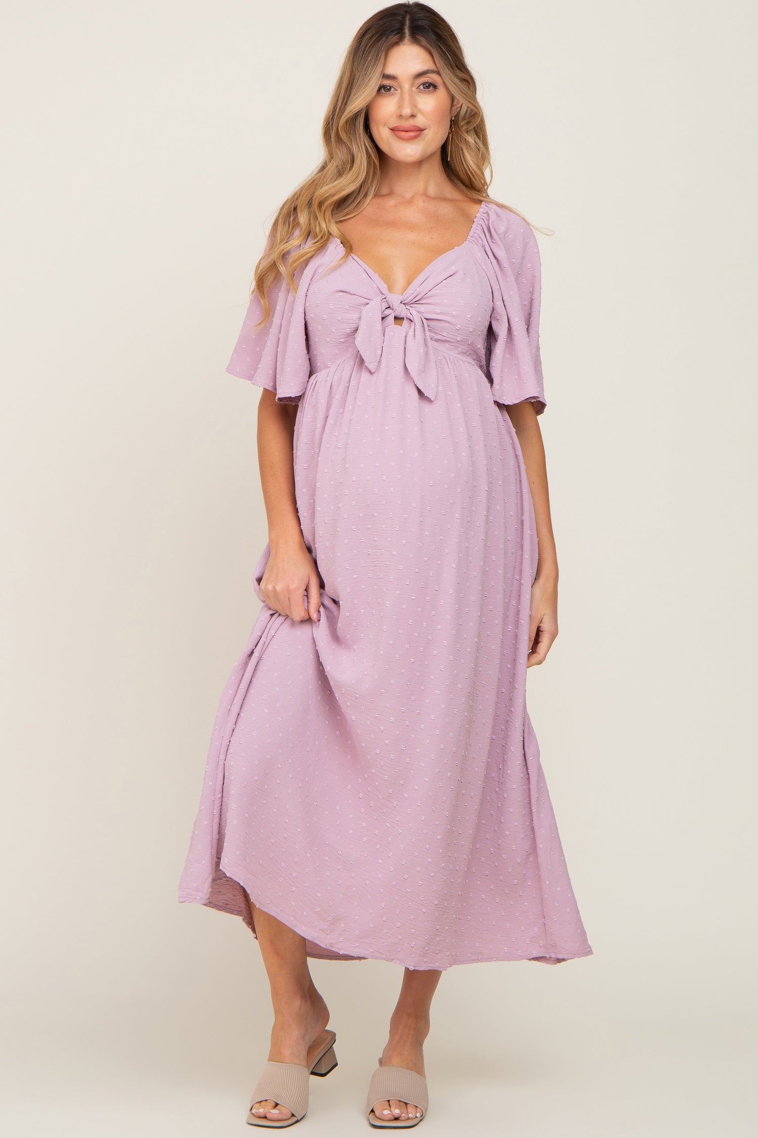 Pink Textured Dot Front Tie Ruffle Sleeve Maternity Midi Dress - Pink, Day Dress, Dress, One-piece garment, Cocktail dress | Everetts Place