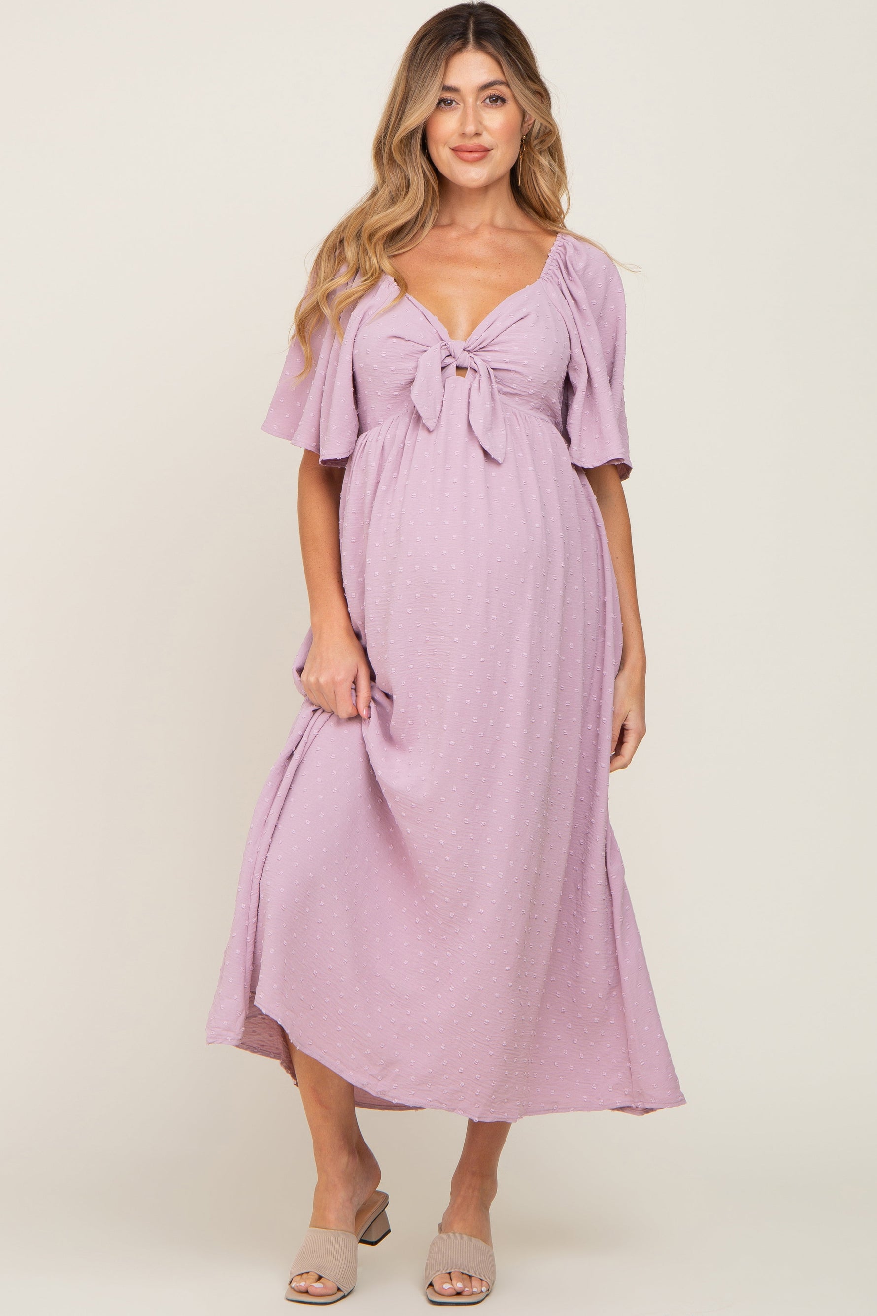 Pink Textured Dot Front Tie Ruffle Sleeve Maternity Midi Dress - Pink, Day Dress, Dress, One-piece garment, Cocktail dress | Everetts Place