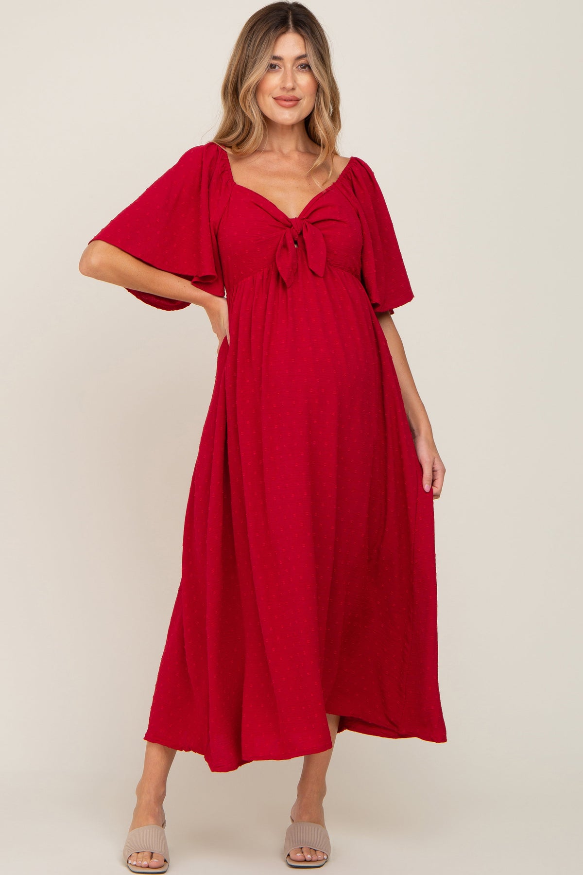Textured Dot Ruffle Sleeve Maternity Midi Dress by PinkBlush (view 1 of 5)