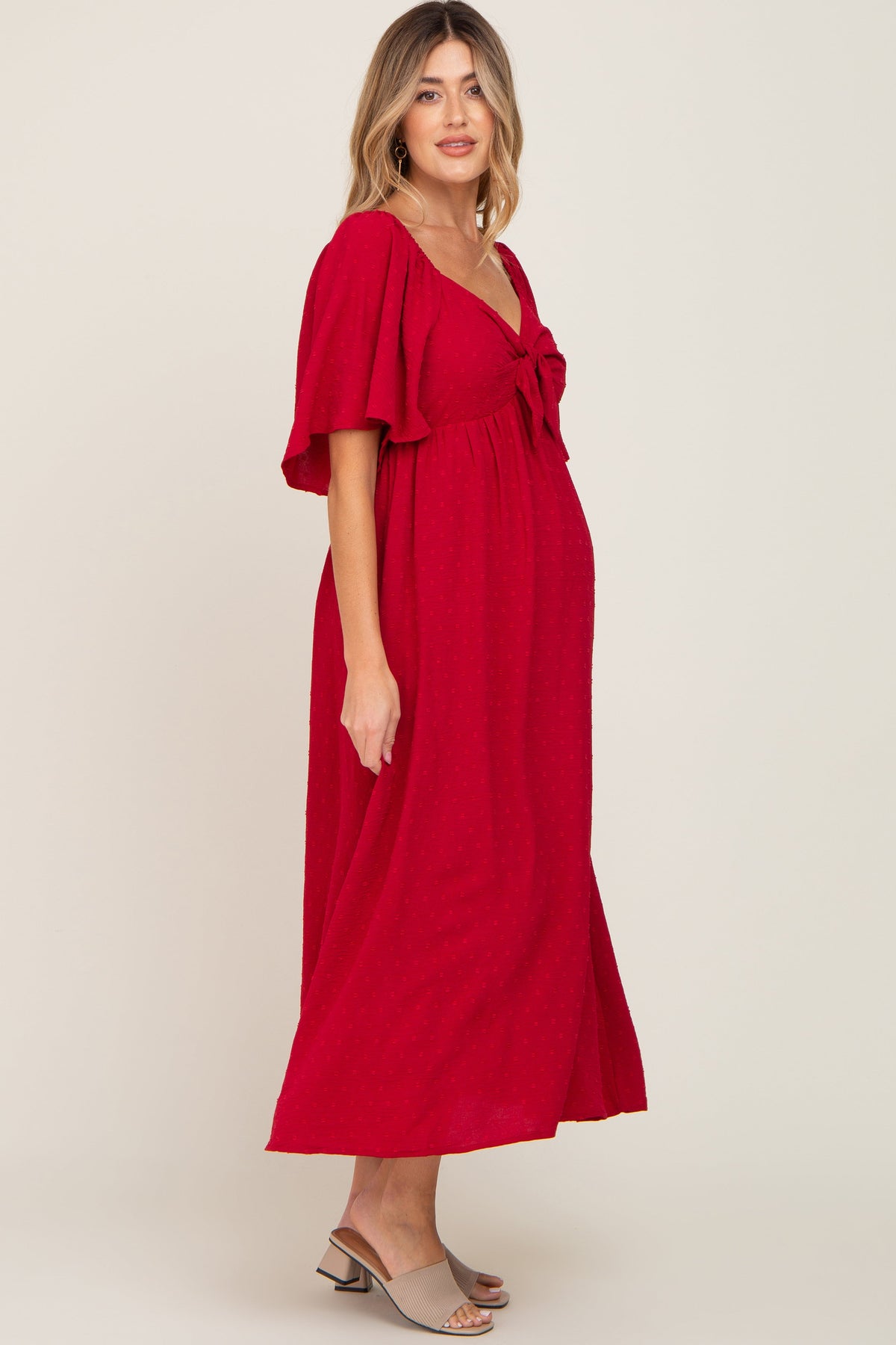 Textured Dot Ruffle Sleeve Maternity Midi Dress by PinkBlush (view 2 of 5)