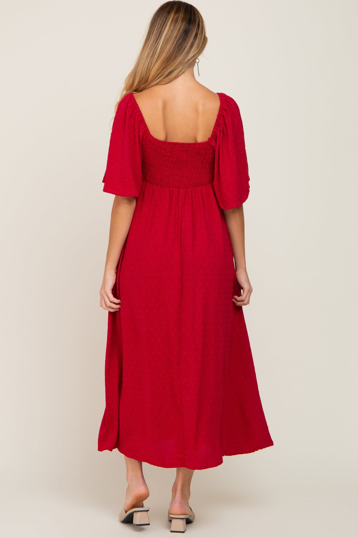 Textured Dot Ruffle Sleeve Maternity Midi Dress by PinkBlush (view 3 of 5)