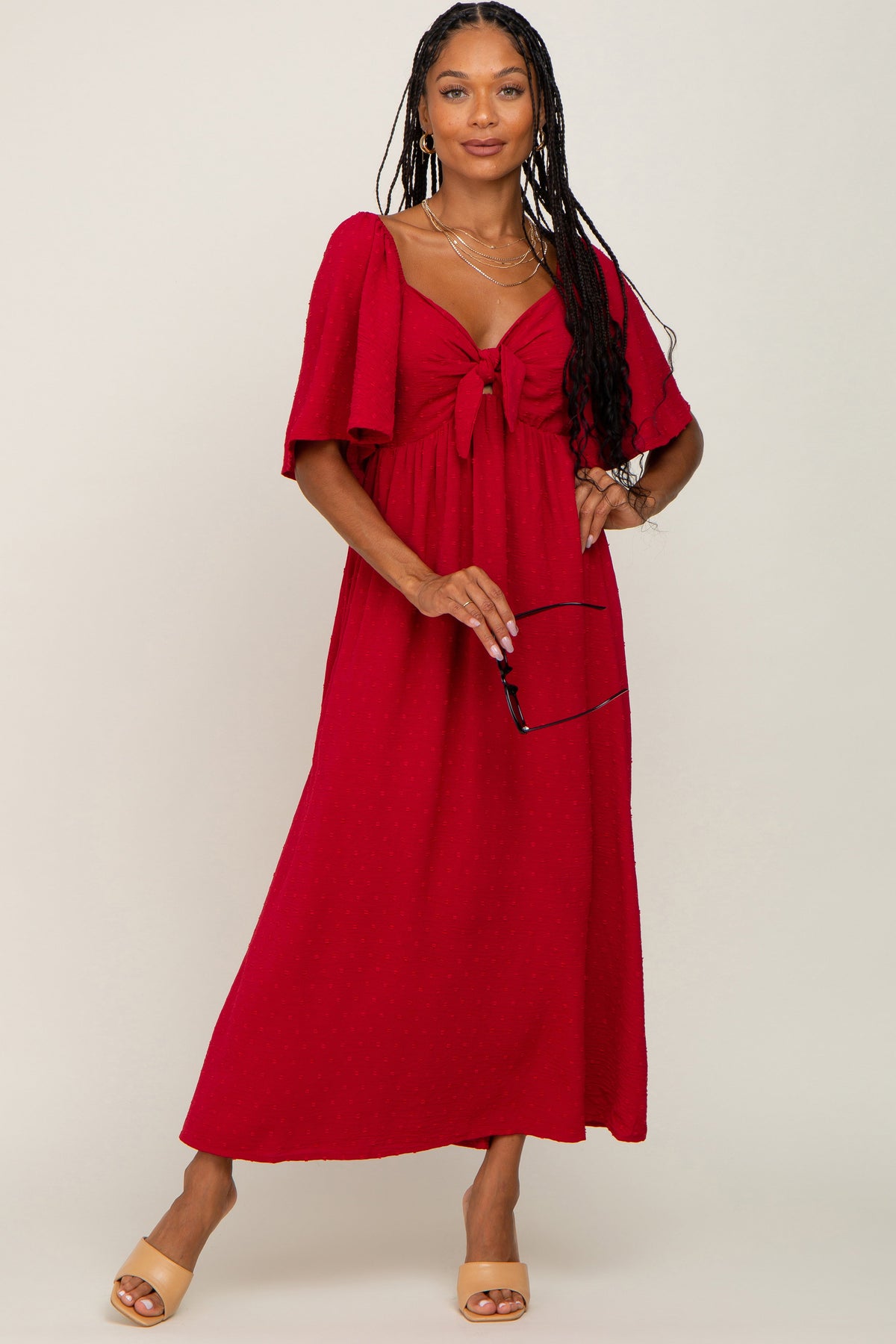 Textured Dot Front Tie Ruffle Sleeve Midi Dress by PinkBlush