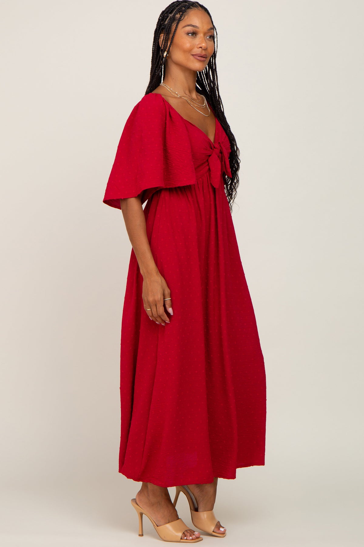 Textured Dot Front Tie Ruffle Sleeve Midi Dress by PinkBlush