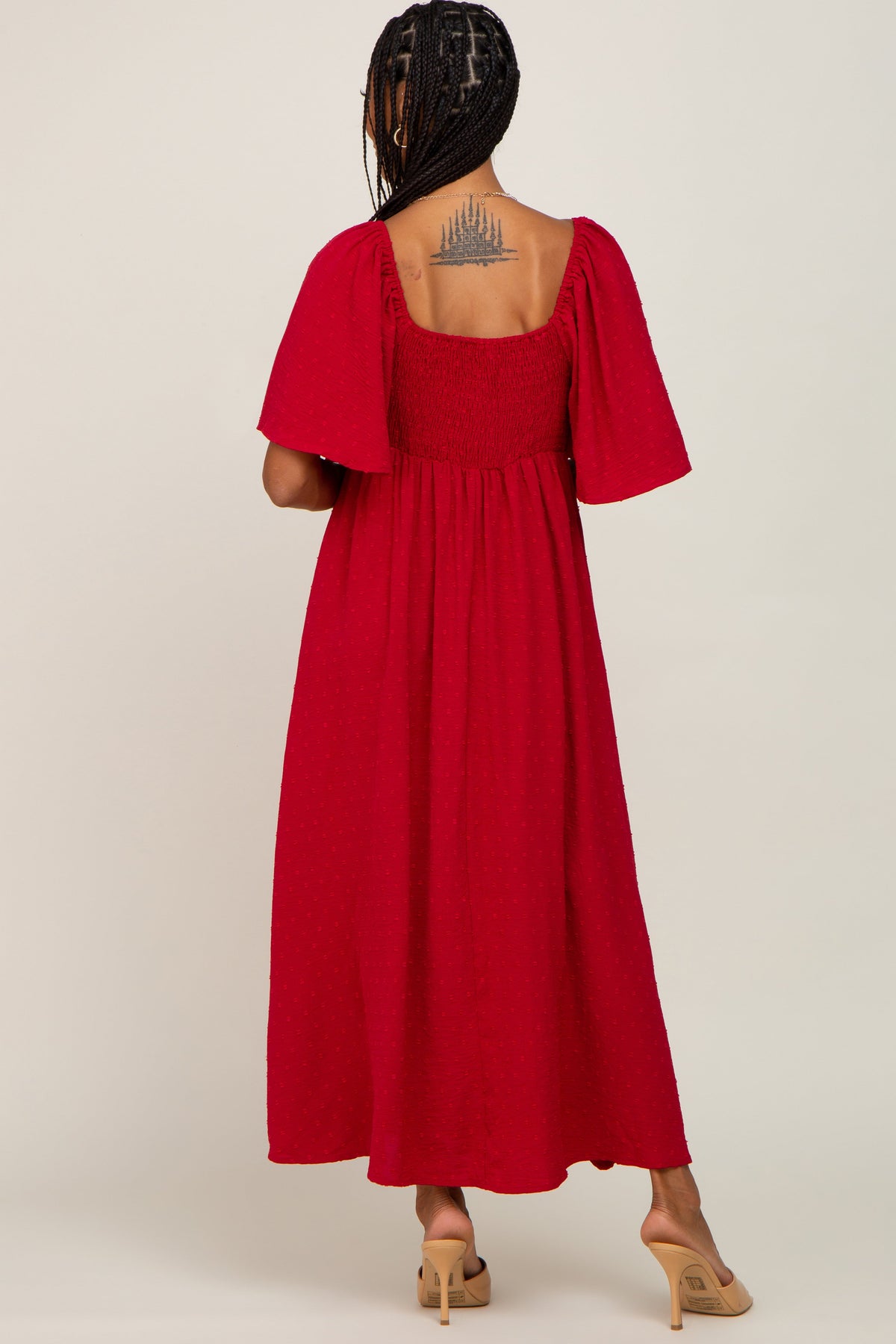 Textured Dot Front Tie Ruffle Sleeve Midi Dress by PinkBlush