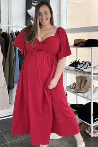 Textured Dot Front Tie Ruffle Sleeve Midi Dress by PinkBlush