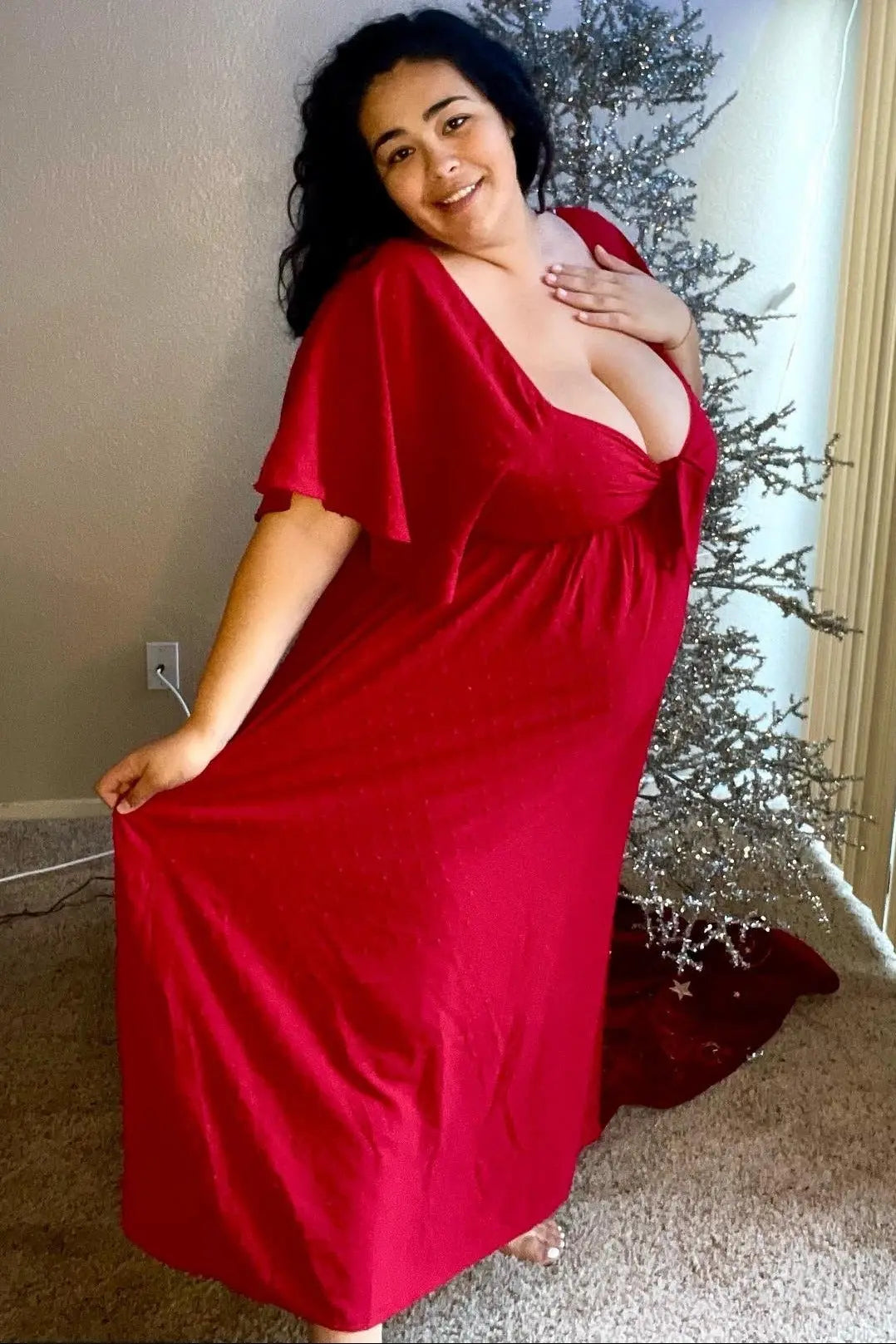 PinkBlush PinkBlush Burgundy Textured Dot Midi Dress with Ruffle Sleeves for Women - Apparel & Accessories > Clothing > Dresses