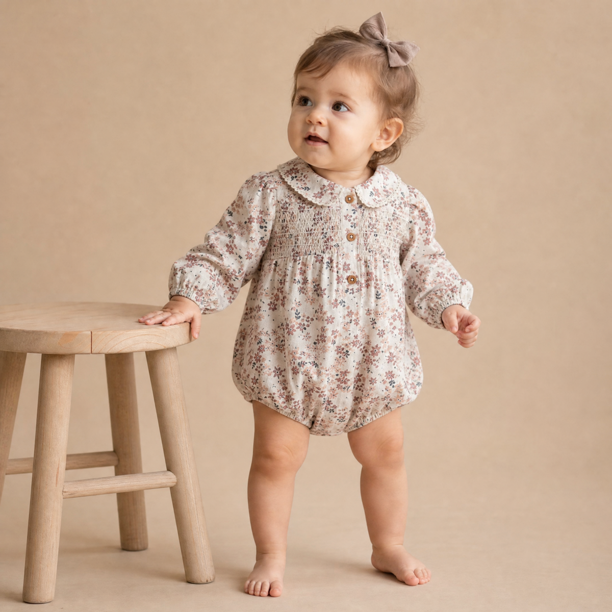 Organic Smocked Long Sleeve Bubble Romper - Wild Sprig by Makemake Organics