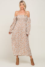 Taupe Floral Off Shoulder Long Sleeve Maxi Dress by PinkBlush (view 5 of 8)
