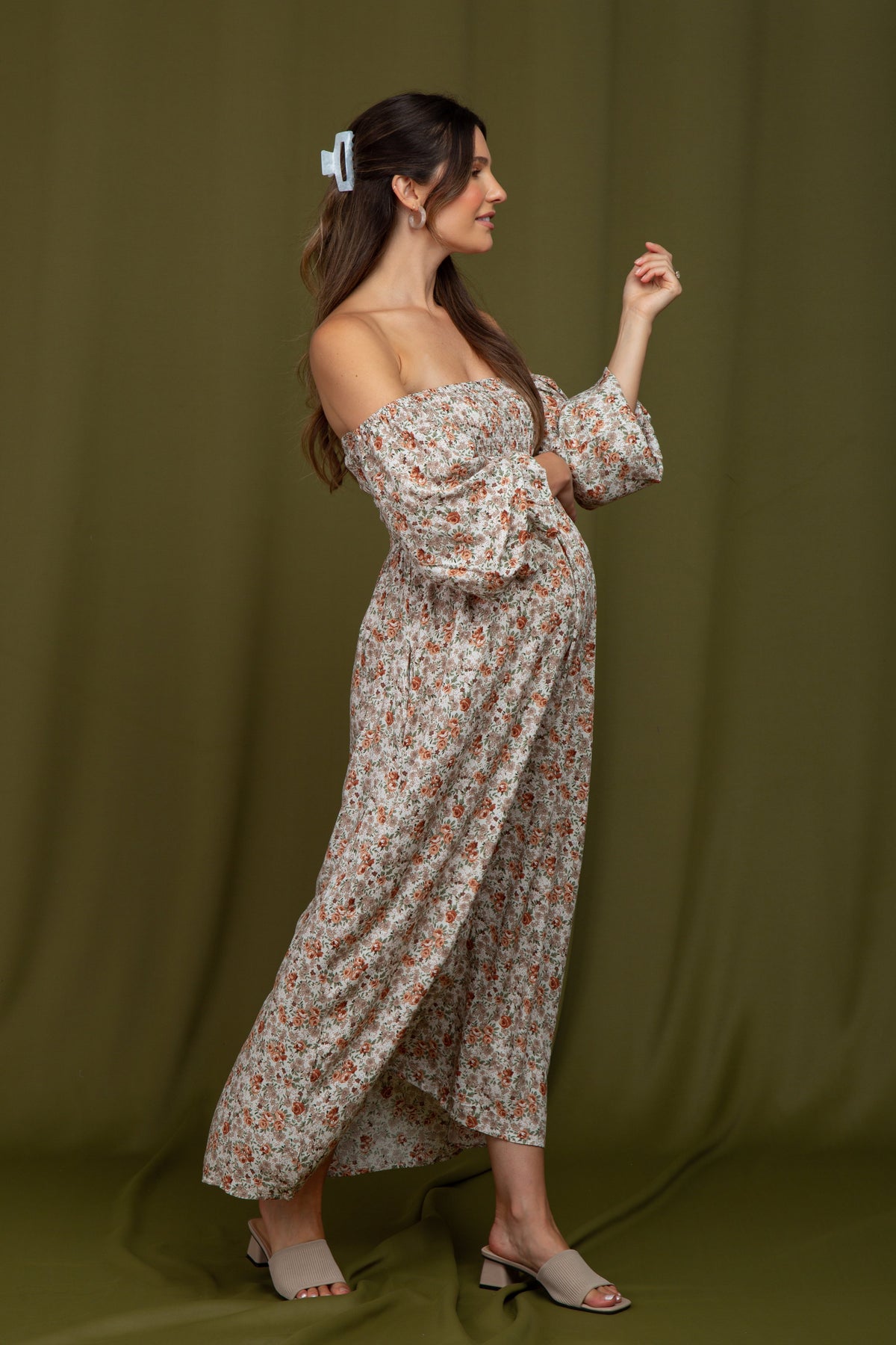 Taupe Floral Off Shoulder Long Sleeve Maternity Maxi Dress by PinkBlush (view 6 of 10)