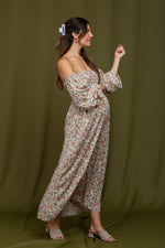 Taupe Floral Off Shoulder Long Sleeve Maternity Maxi Dress by PinkBlush (view 6 of 10)