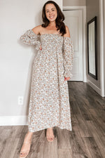 Taupe Floral Off Shoulder Long Sleeve Maxi Dress by PinkBlush (view 7 of 8)