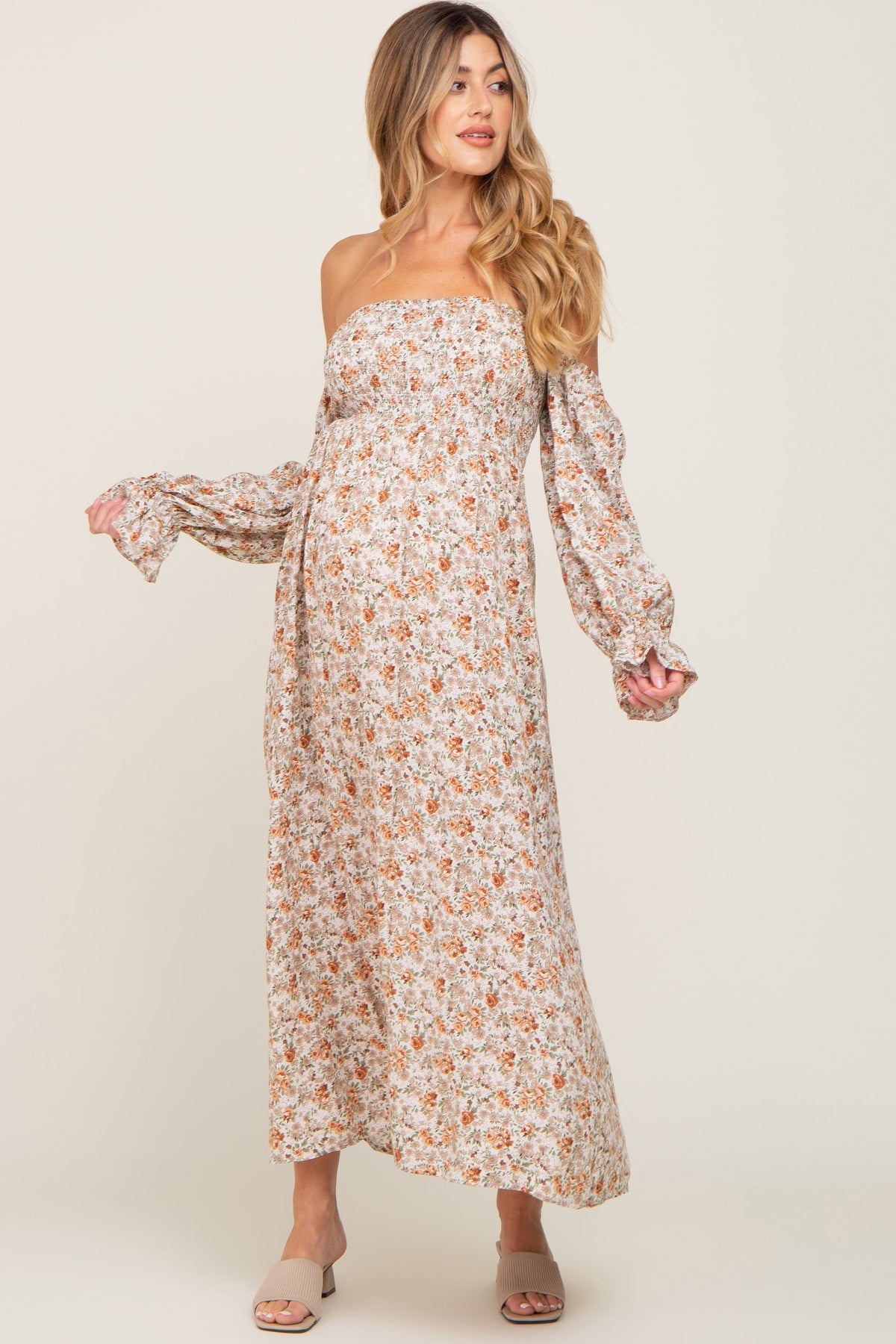 Taupe Floral Off Shoulder Long Sleeve Maternity Maxi Dress by PinkBlush (view 2 of 10)