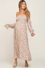 Taupe Floral Off Shoulder Long Sleeve Maternity Maxi Dress by PinkBlush (view 2 of 10)