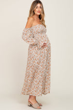 Taupe Floral Off Shoulder Long Sleeve Maternity Maxi Dress by PinkBlush (view 3 of 10)