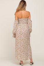 Taupe Floral Off Shoulder Long Sleeve Maternity Maxi Dress by PinkBlush (view 4 of 10)