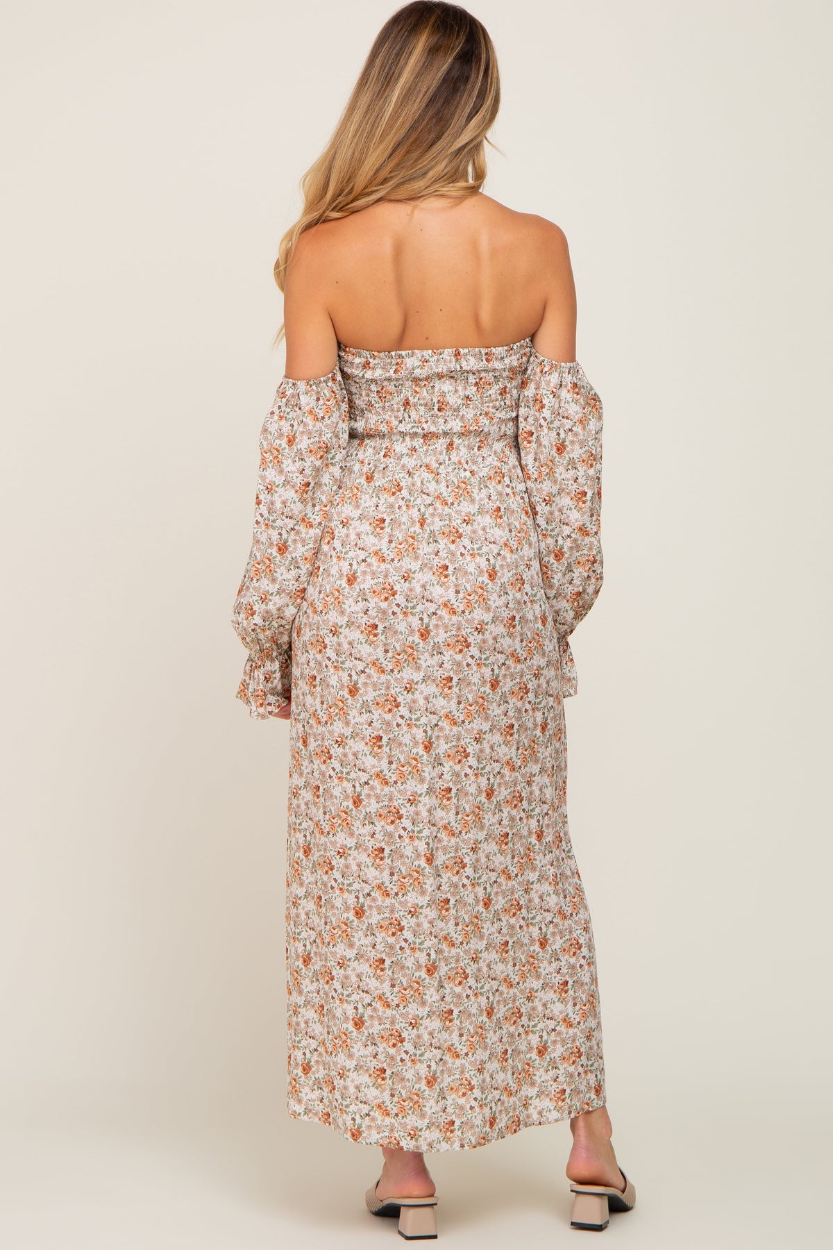 Taupe Floral Off Shoulder Long Sleeve Maternity Maxi Dress by PinkBlush (view 4 of 10)