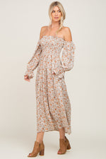 Taupe Floral Off Shoulder Long Sleeve Maxi Dress by PinkBlush (view 2 of 8)
