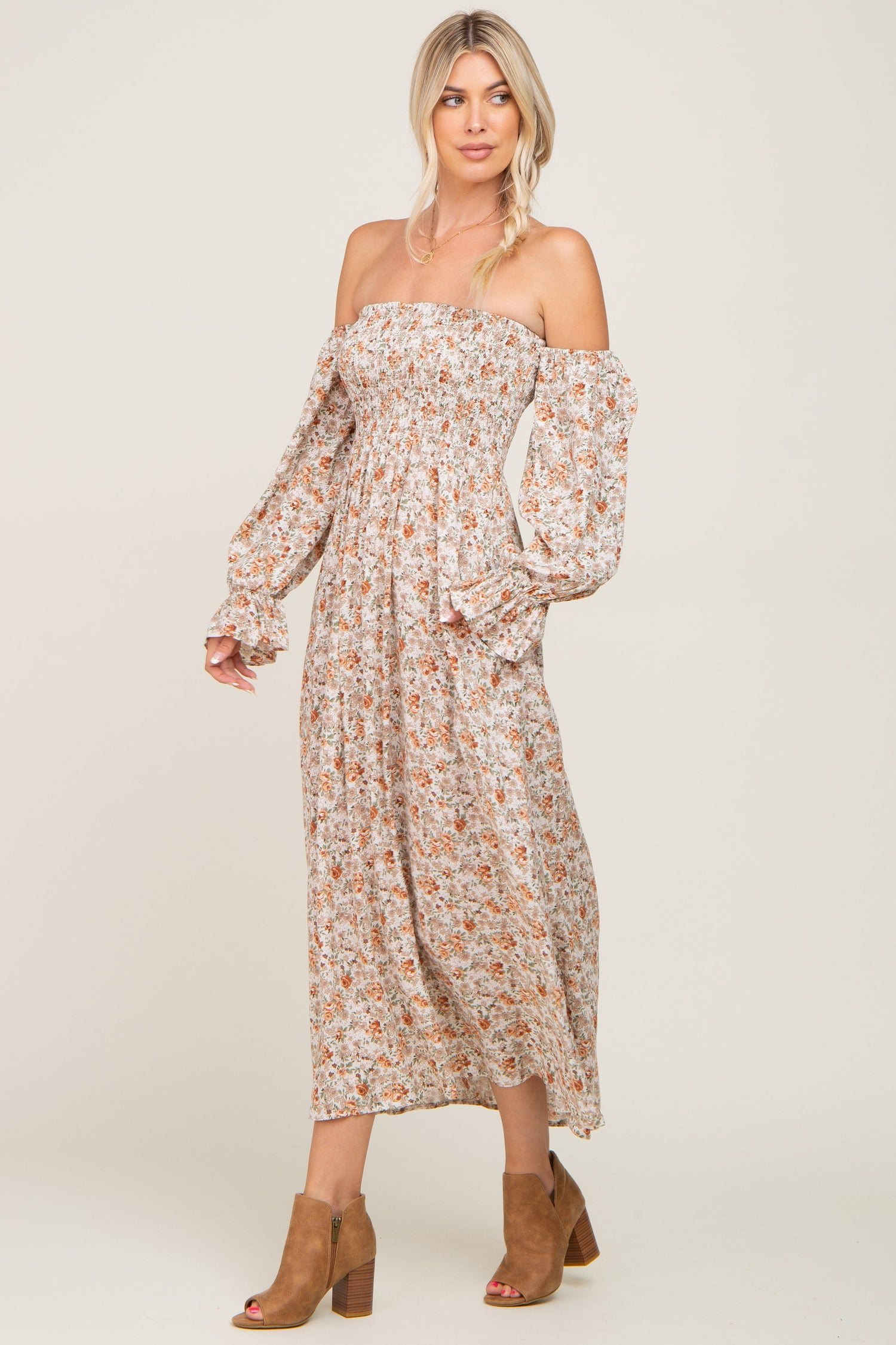 Taupe Floral Off Shoulder Long Sleeve Maxi Dress by PinkBlush (view 2 of 8)