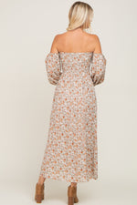 Taupe Floral Off Shoulder Long Sleeve Maxi Dress by PinkBlush (view 3 of 8)
