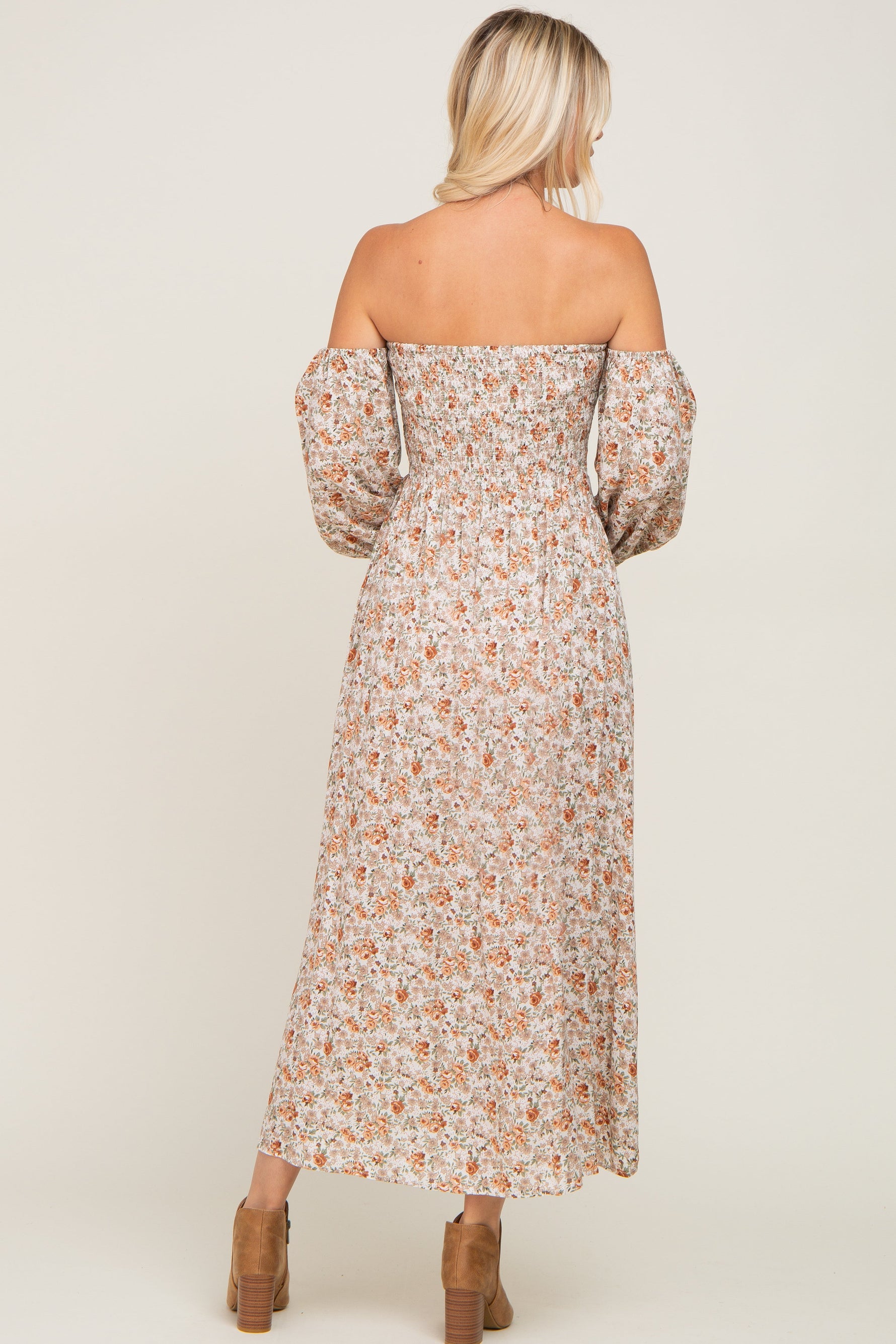 Taupe Floral Off Shoulder Long Sleeve Maxi Dress by PinkBlush (view 3 of 8)