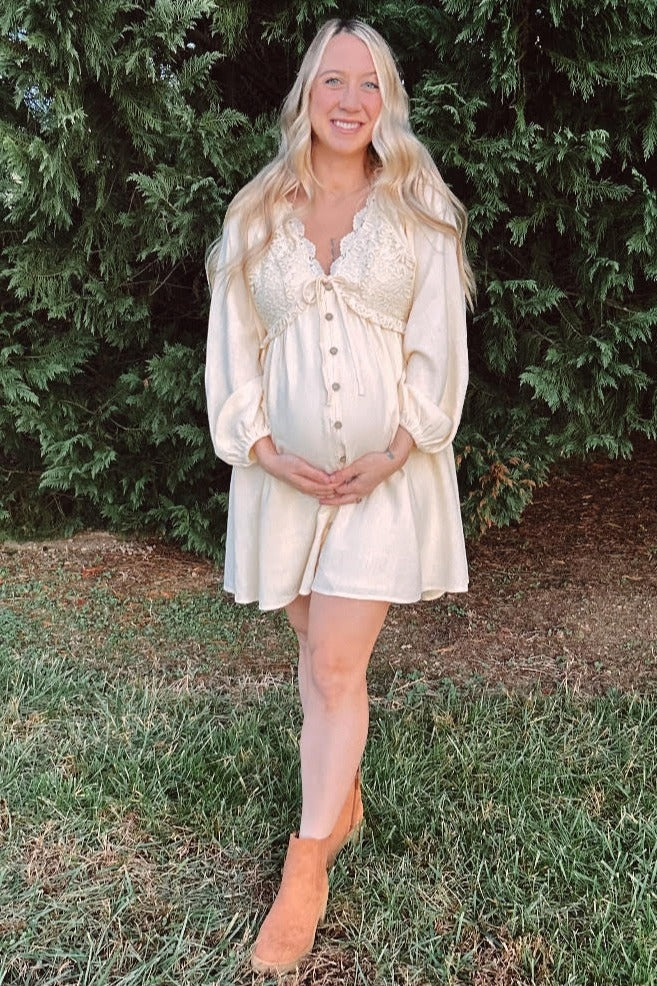 Beige Crochet Lace Button Front Maternity Maxi Dress by PinkBlush