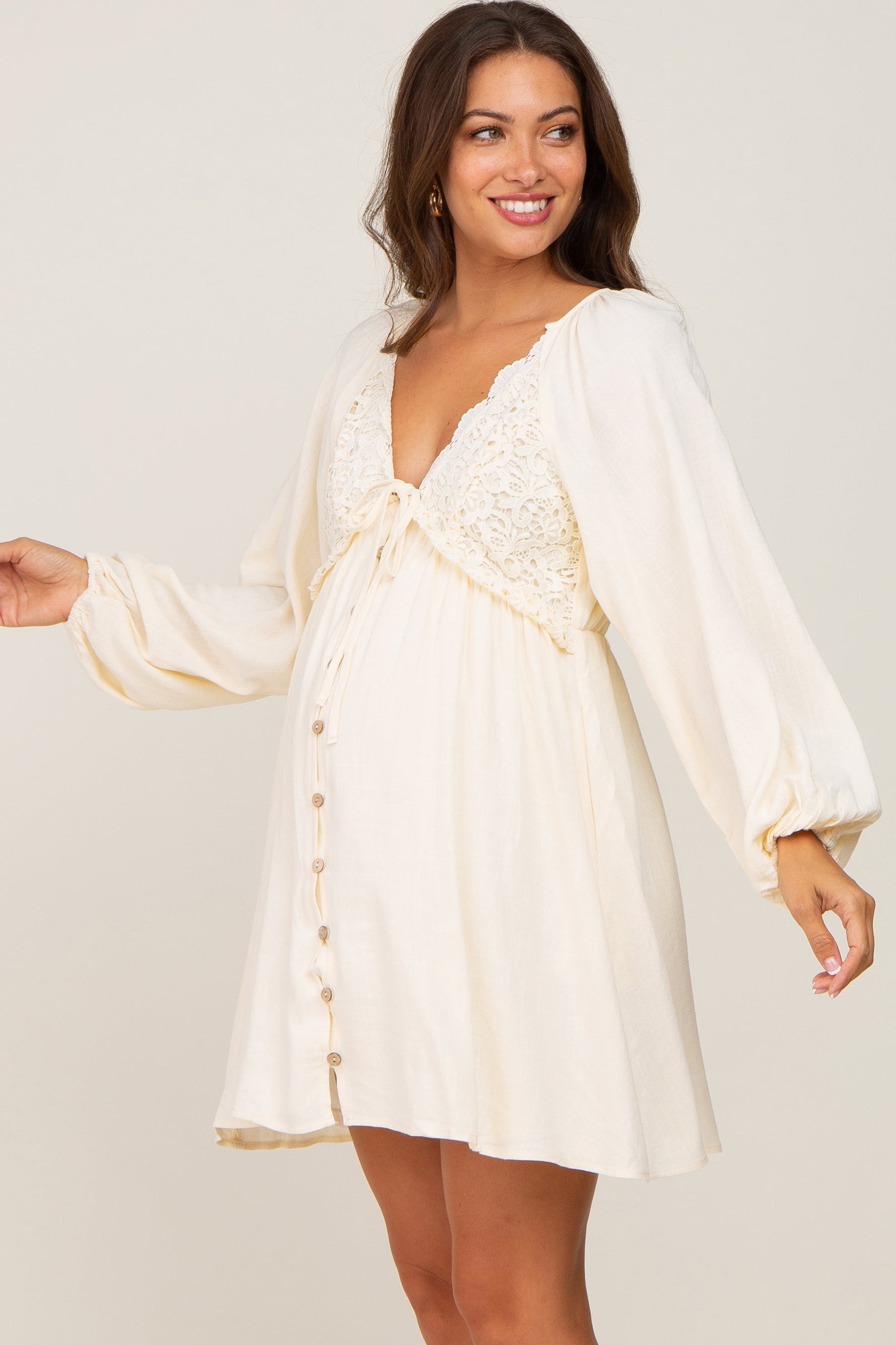 Beige Crochet Lace Button Front Maternity Dress by PinkBlush at Everetts Place