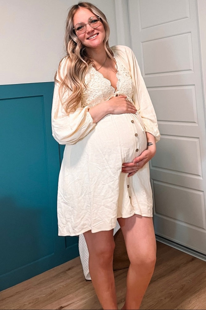 Beige Crochet Lace Button Front Maternity Maxi Dress by PinkBlush (view 7 of 30)