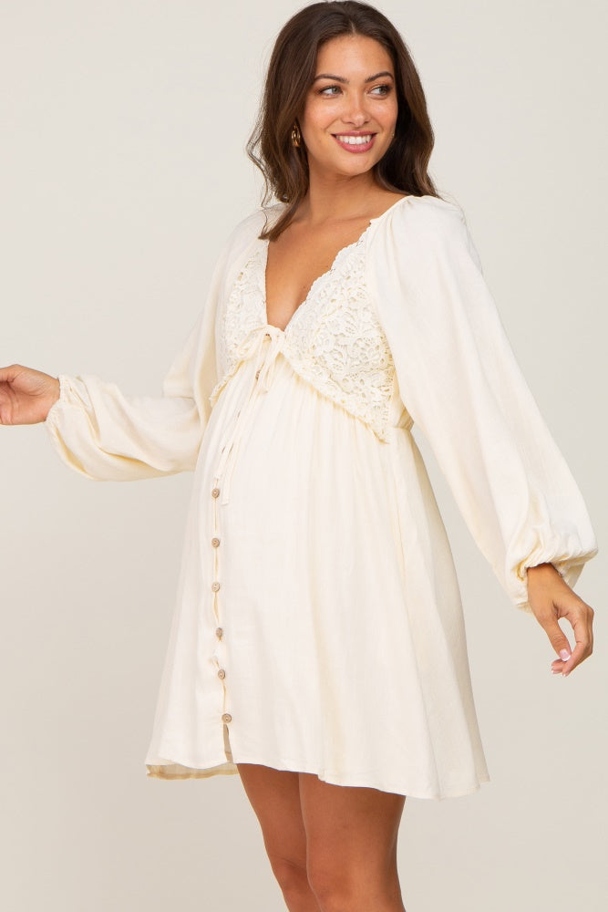 Beige Crochet Lace Button Front Maternity Maxi Dress by PinkBlush (view 3 of 30)
