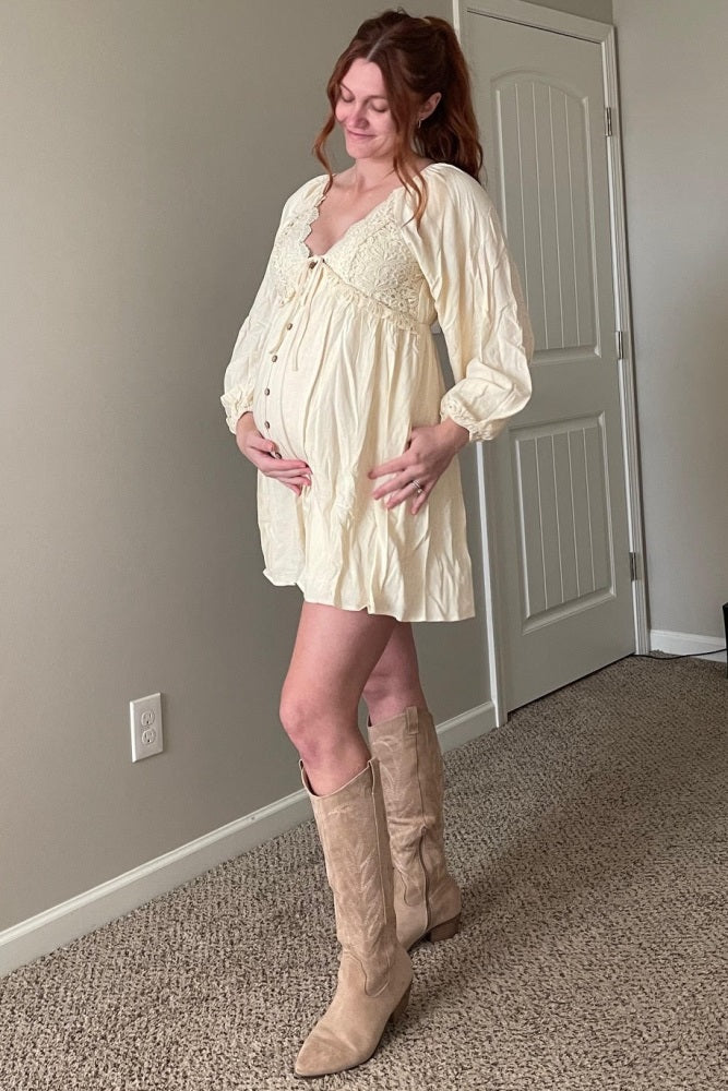 Beige Crochet Lace Button Front Maternity Maxi Dress by PinkBlush (view 11 of 30)