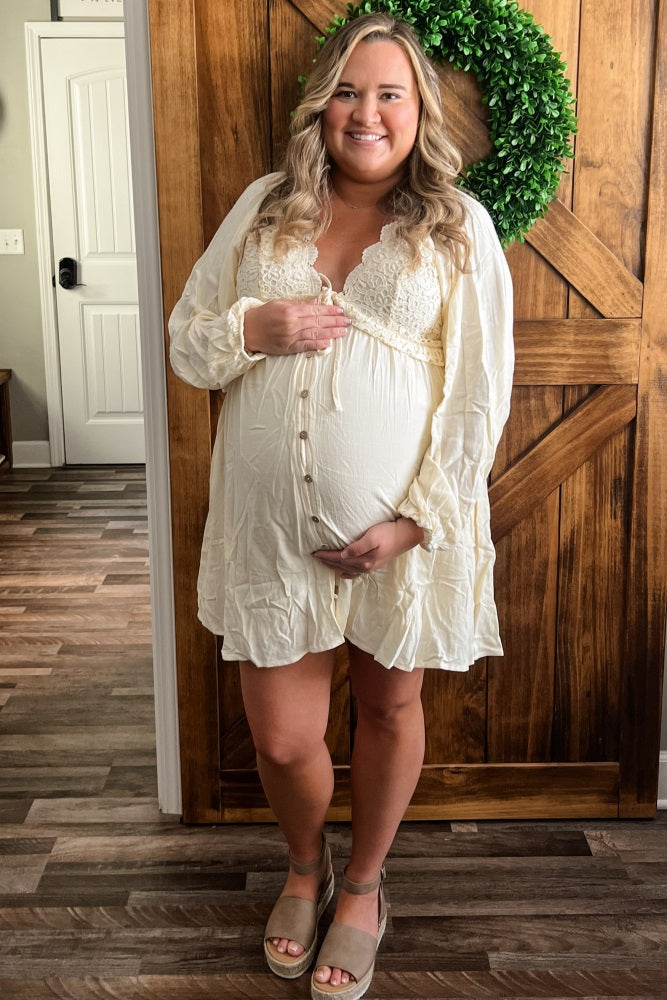 Beige Crochet Lace Button Front Maternity Maxi Dress by PinkBlush (view 14 of 30)
