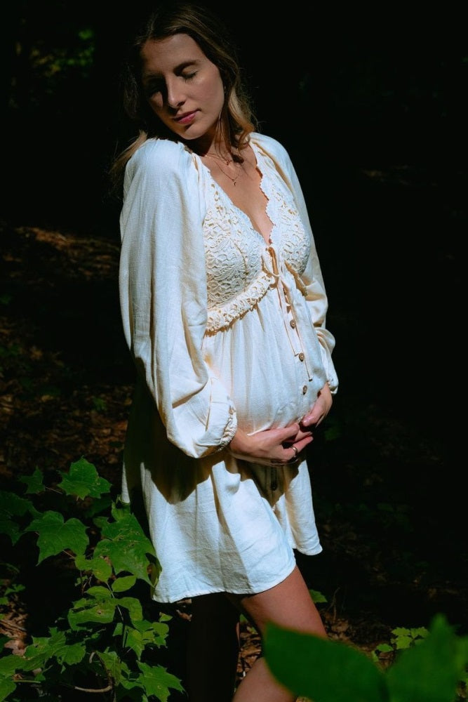 Beige Crochet Lace Button Front Maternity Maxi Dress by PinkBlush (view 15 of 30)