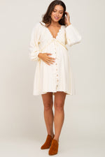 Beige Crochet Lace Button Front Maternity Maxi Dress by PinkBlush (view 5 of 30)