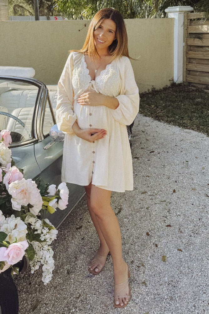 Beige Crochet Lace Button Front Maternity Maxi Dress by PinkBlush (view 16 of 30)