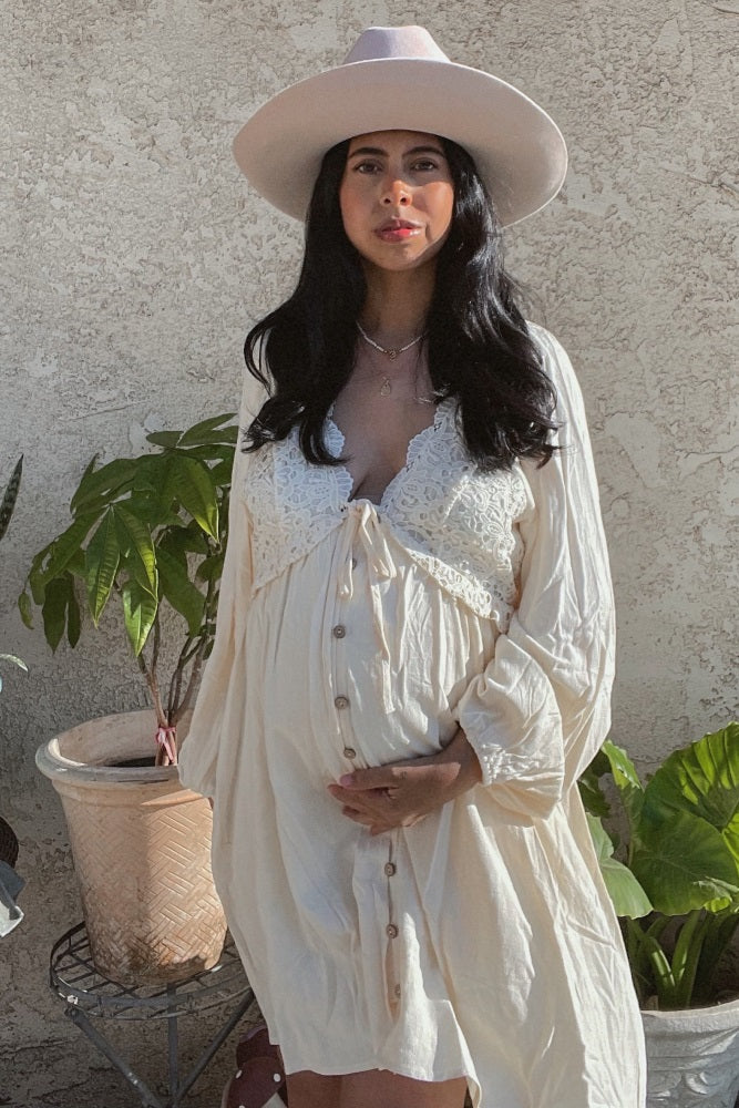 Beige Crochet Lace Button Front Maternity Maxi Dress by PinkBlush (view 18 of 30)