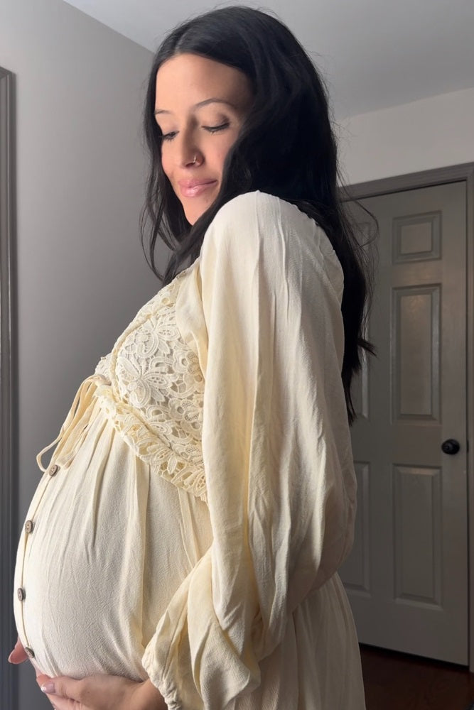 Beige Crochet Lace Button Front Maternity Maxi Dress by PinkBlush (view 24 of 30)