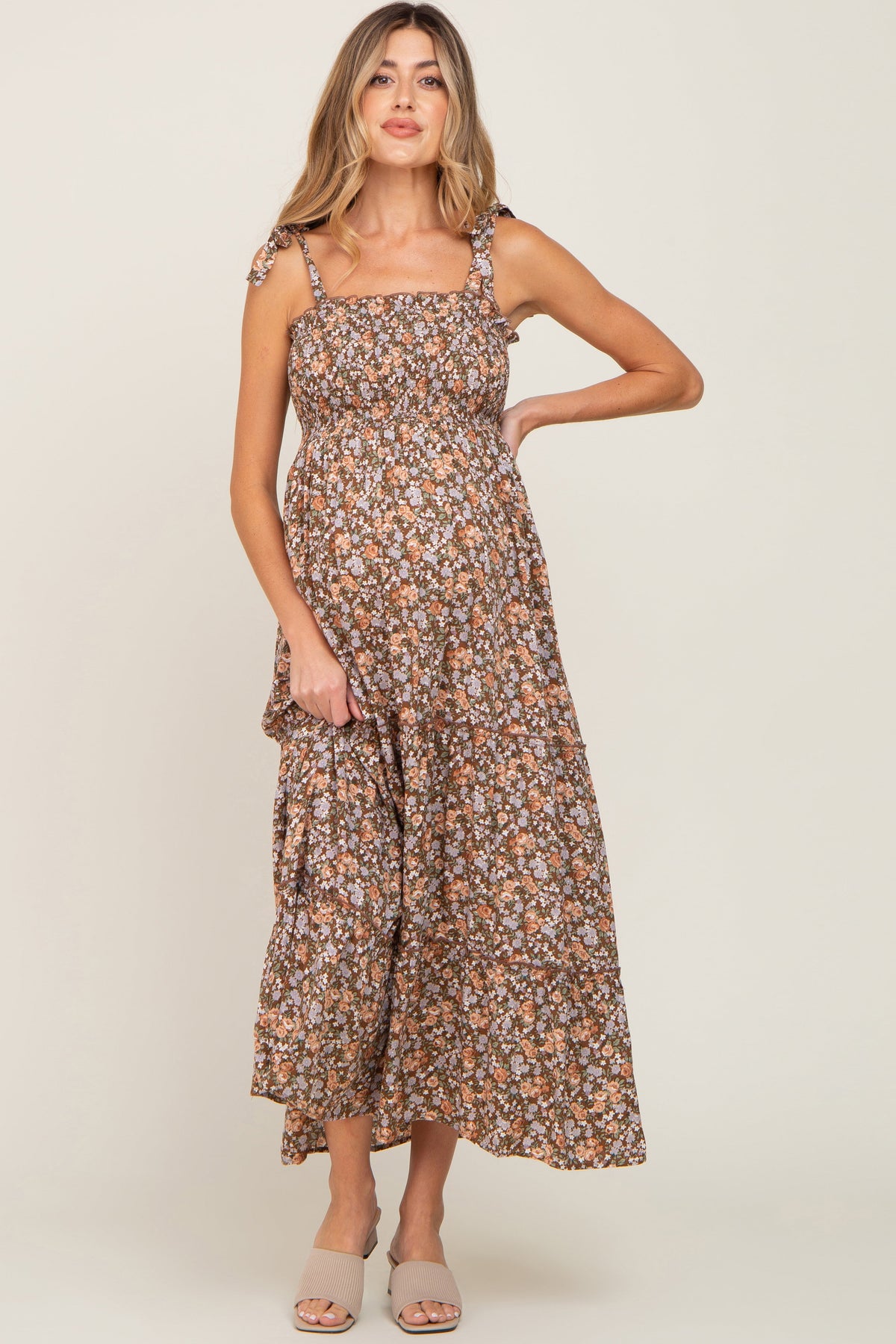 Tiered Maternity Maxi Dress - Camel Floral by PinkBlush