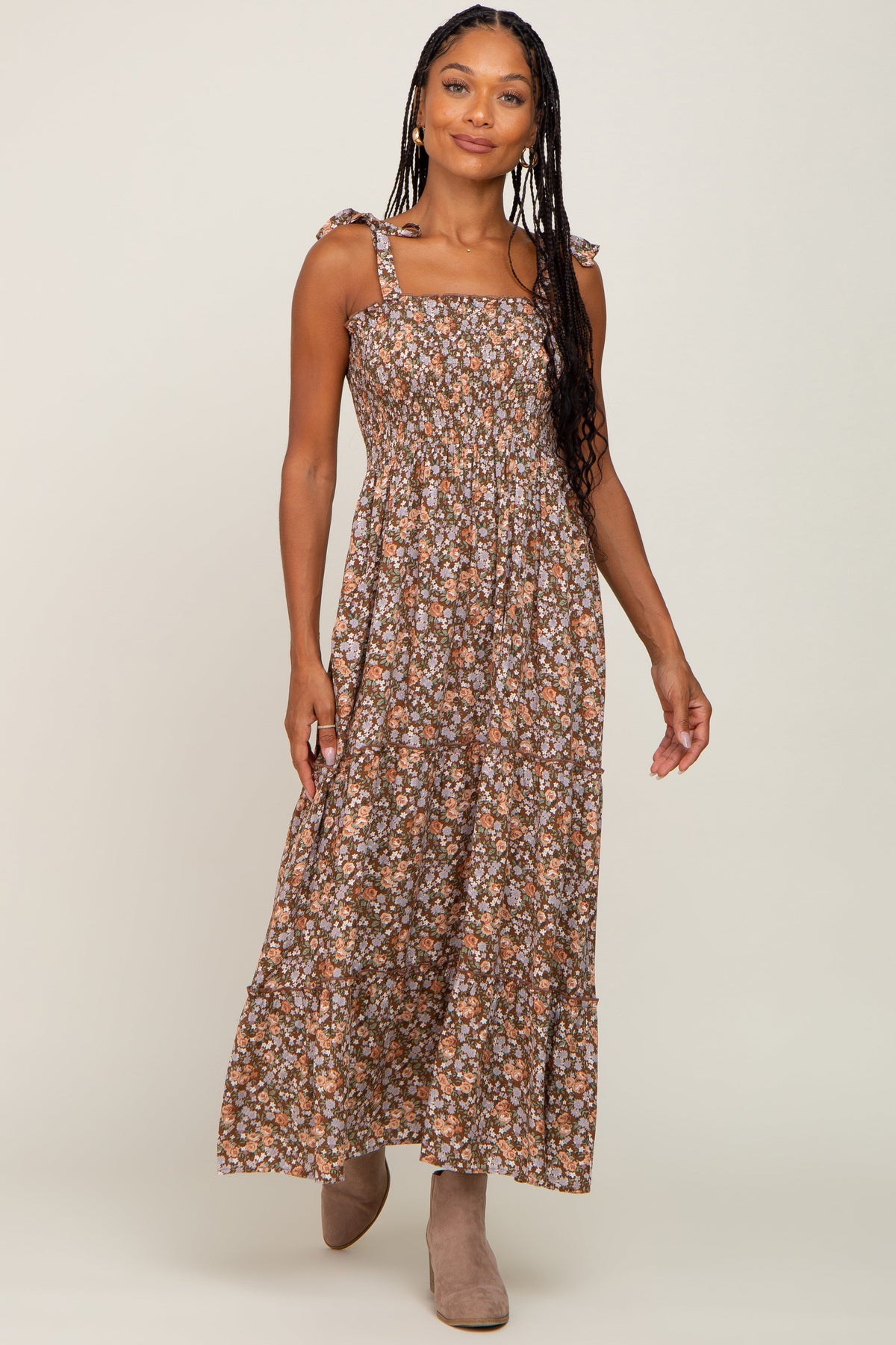 Tiered Maternity Maxi Dress - Camel Floral by PinkBlush
