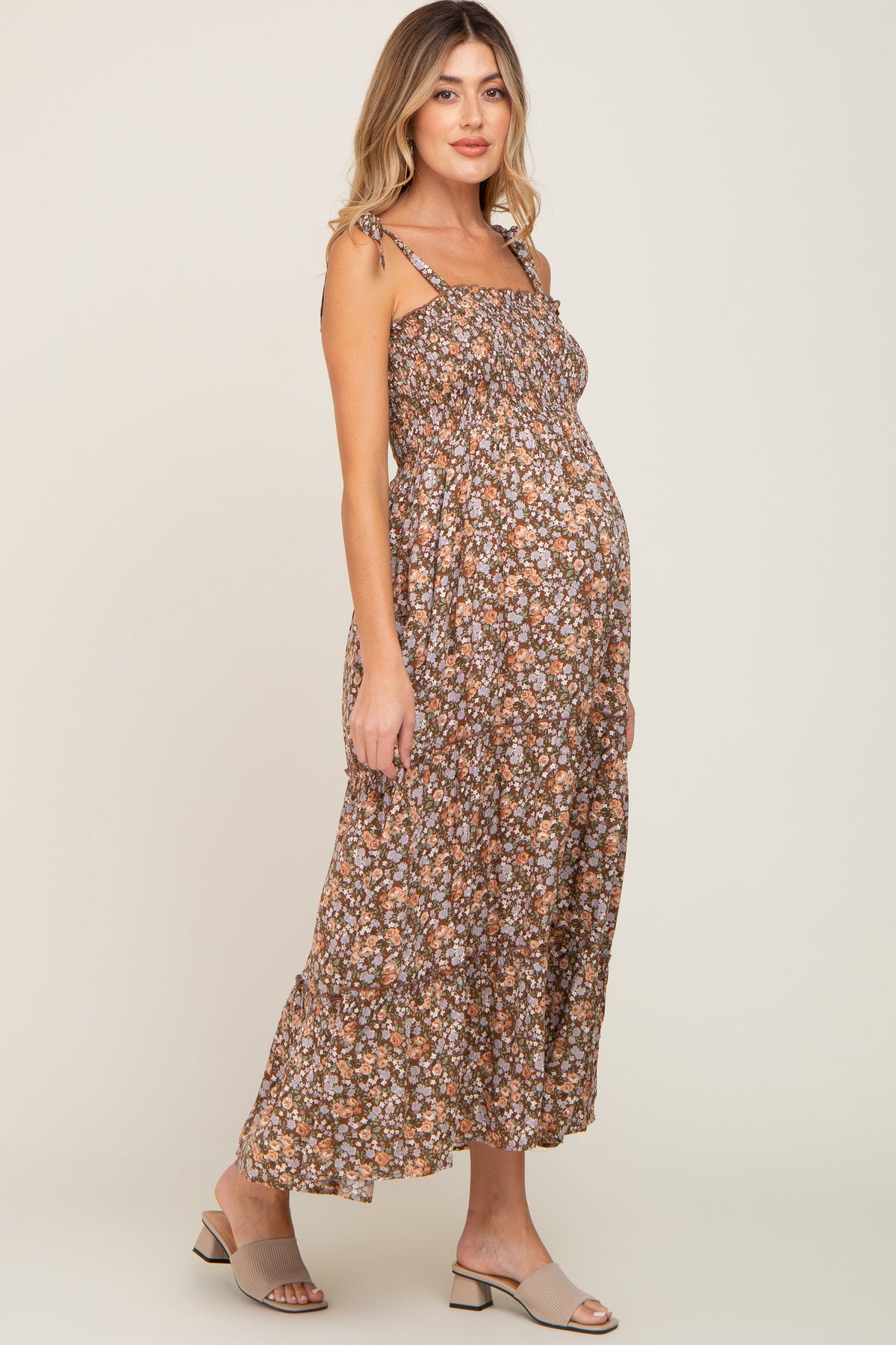 Tiered Maternity Maxi Dress - Camel Floral by PinkBlush