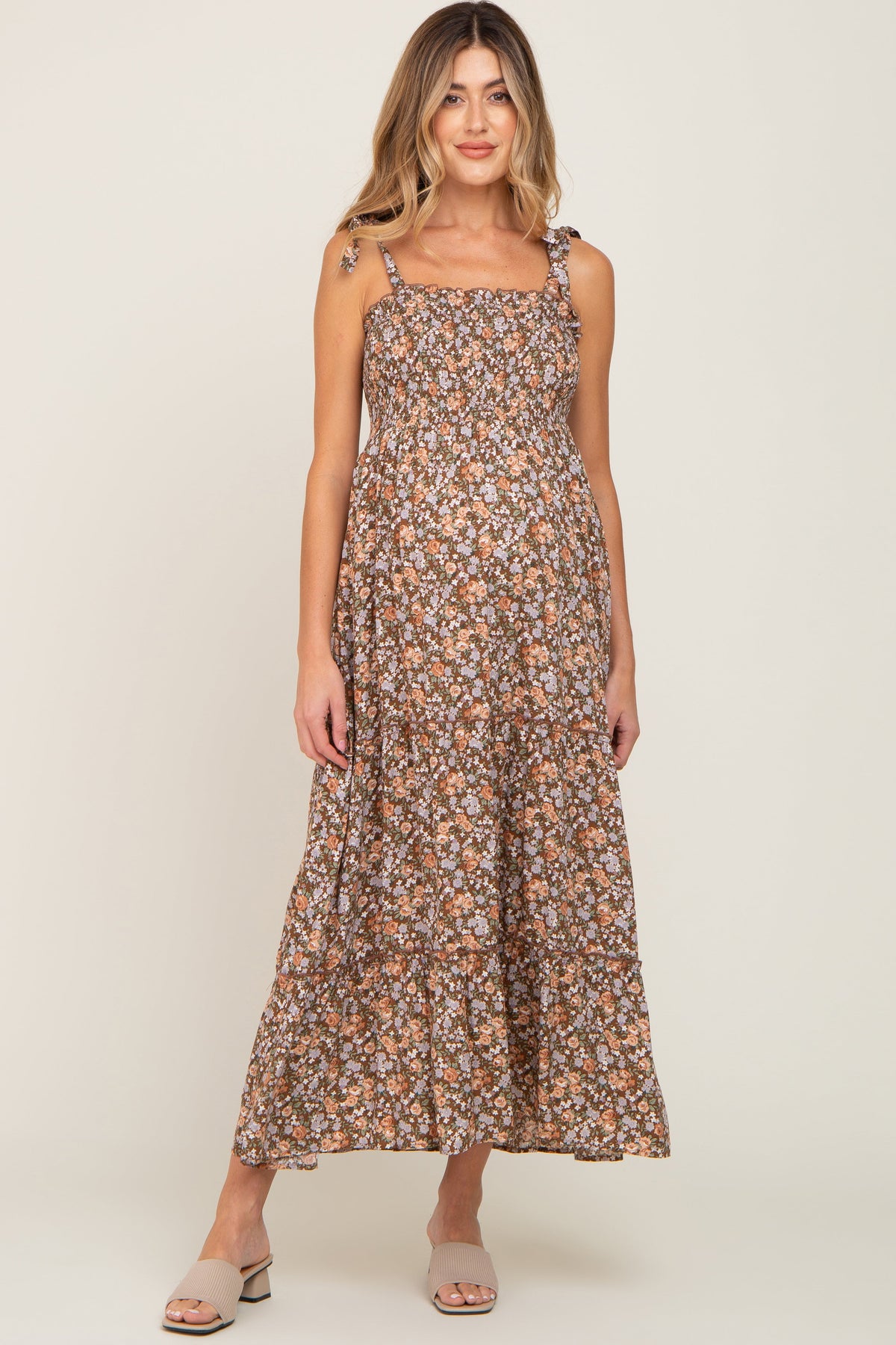 Tiered Maternity Maxi Dress - Camel Floral by PinkBlush