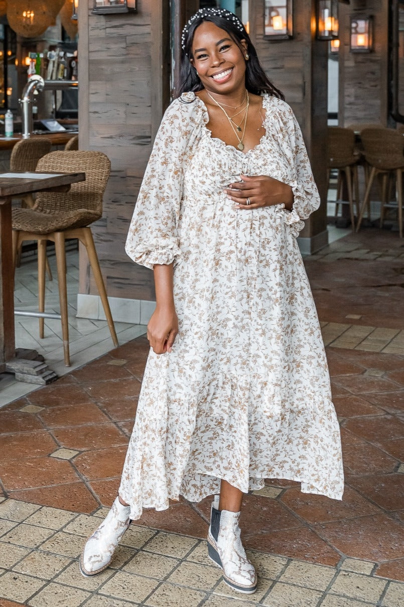 Ivory Floral Chiffon Ruffle Maternity Maxi Dress by PinkBlush at Everetts Place