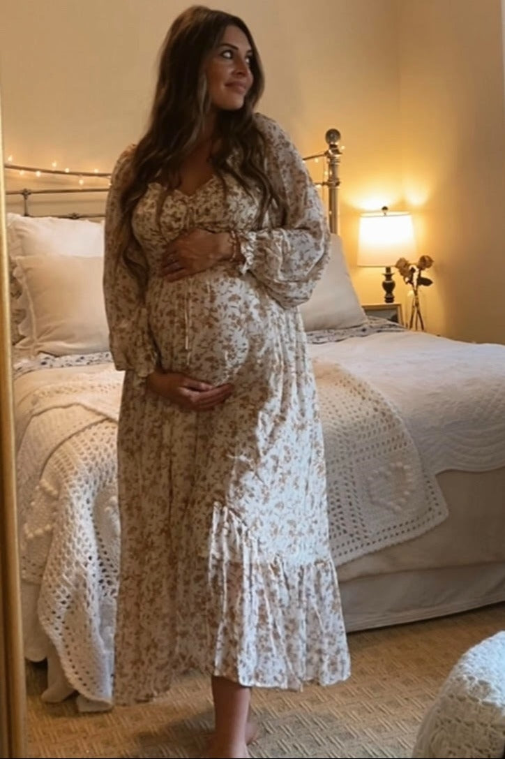 Ivory Floral Chiffon Ruffle Maternity Maxi Dress by PinkBlush at Everetts Place