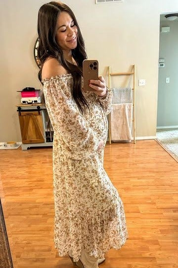 Ivory Floral Chiffon Ruffle Maternity Maxi Dress by PinkBlush at Everetts Place