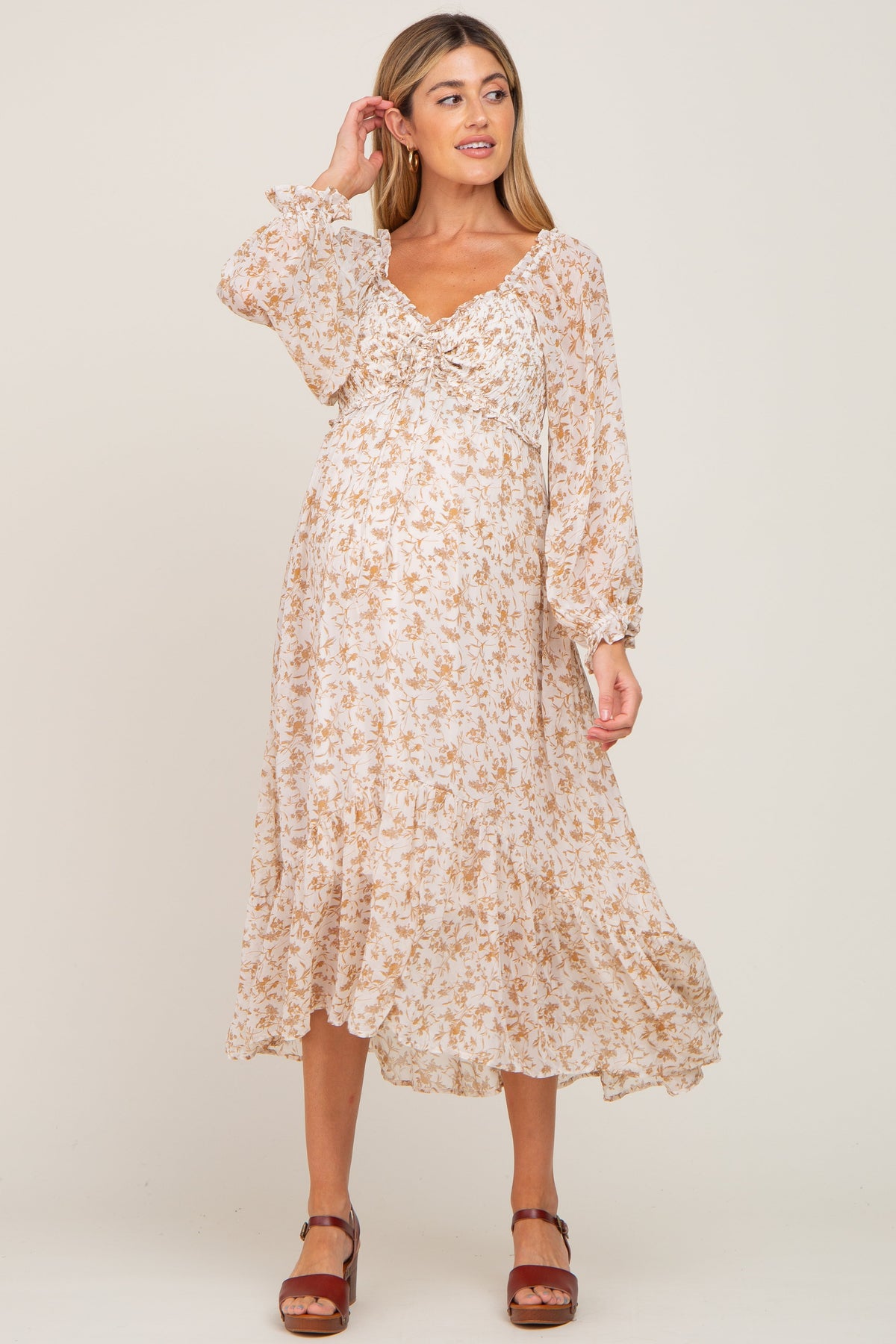 Ivory Floral Chiffon Ruffle Maternity Maxi Dress by PinkBlush at Everetts Place