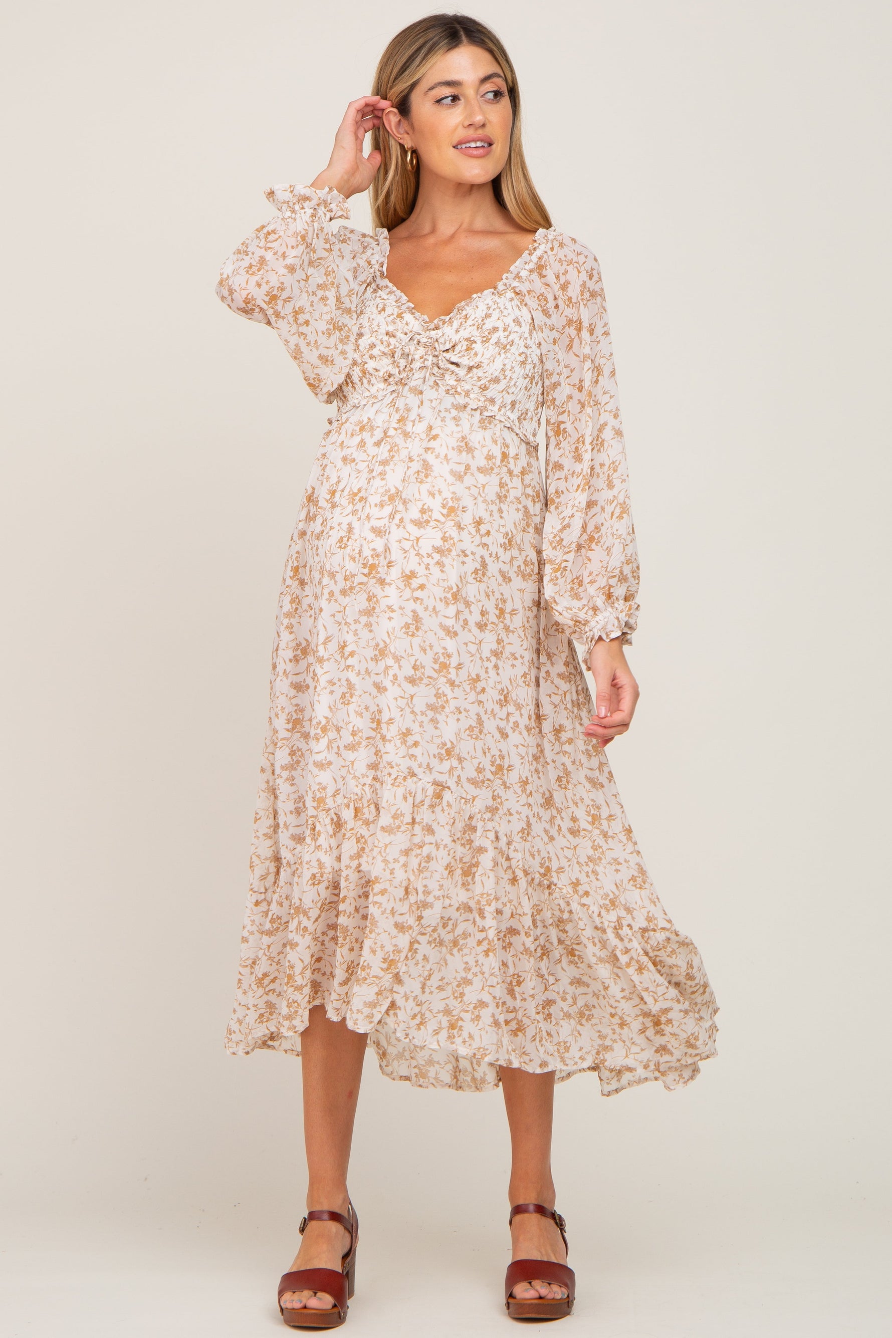 Ivory Floral Chiffon Ruffle Maternity Maxi Dress by PinkBlush at Everetts Place