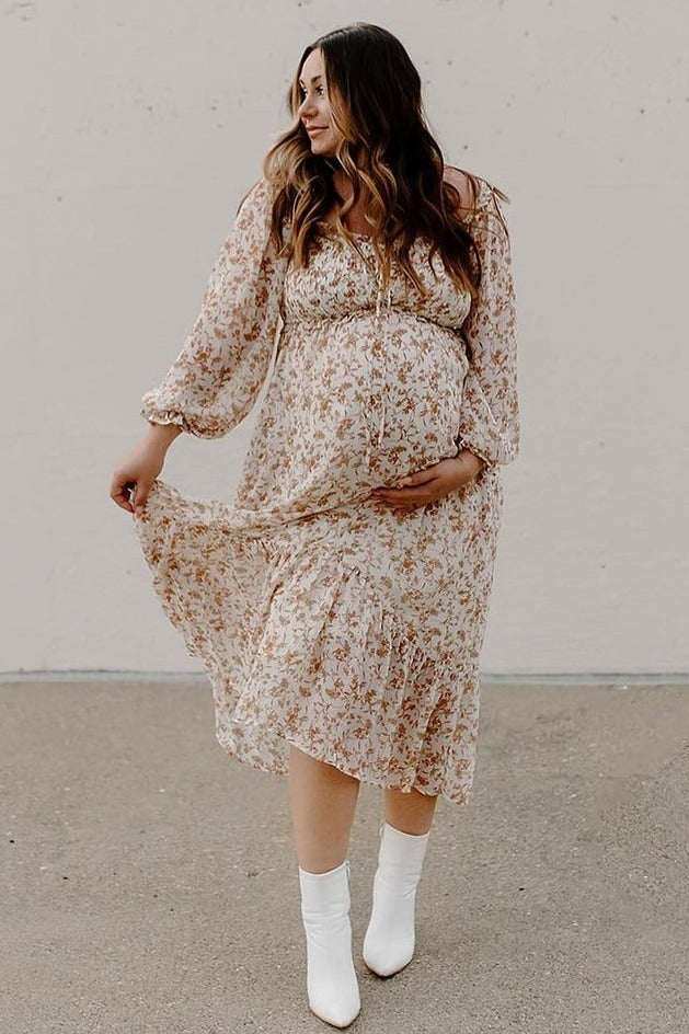Ivory Floral Chiffon Ruffle Maternity Maxi Dress by PinkBlush at Everetts Place