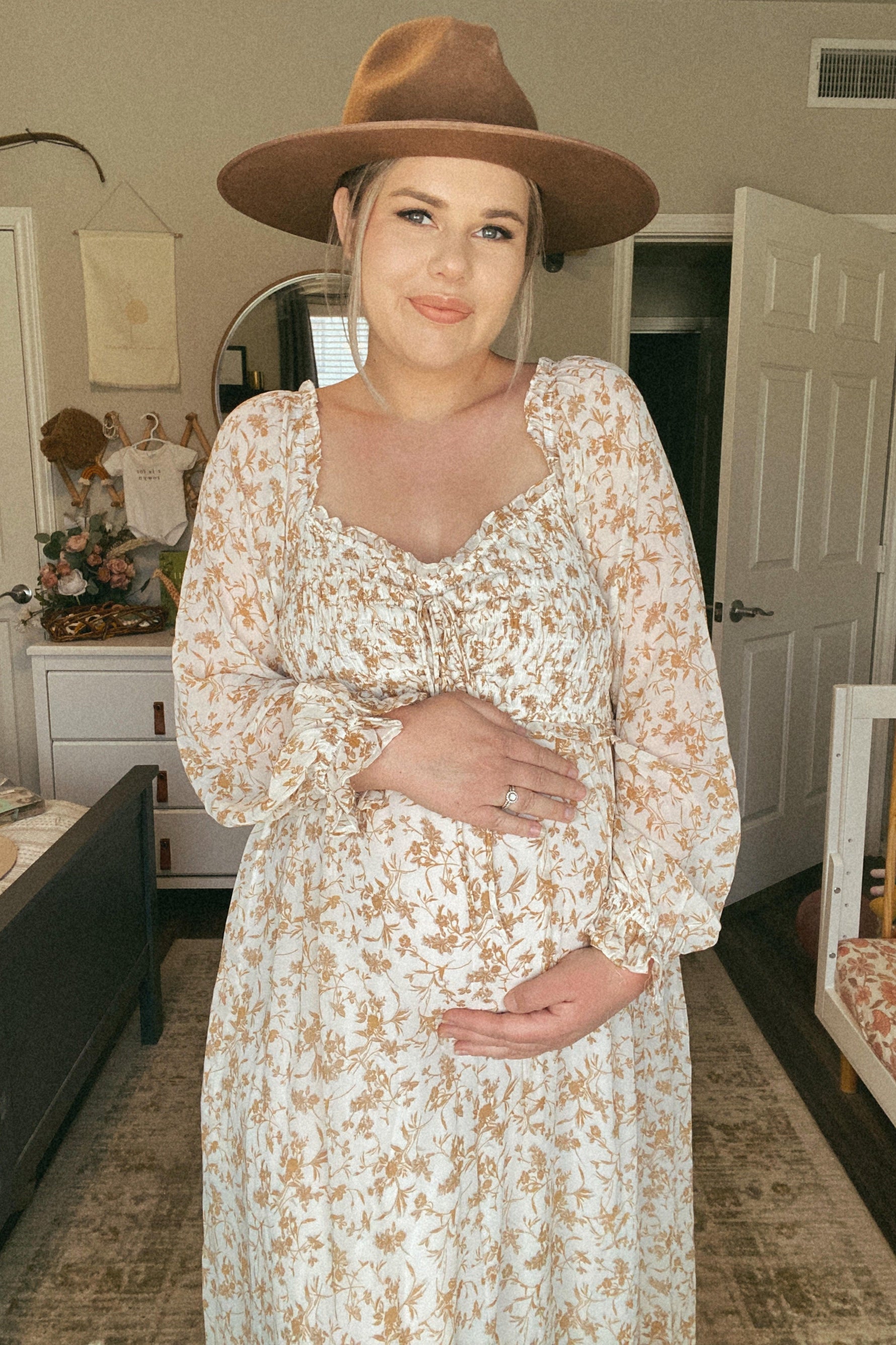PinkBlush ivory floral chiffon ruffle maternity maxi dress.