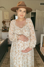 Ivory floral chiffon ruffle maternity maxi dress by PinkBlush.