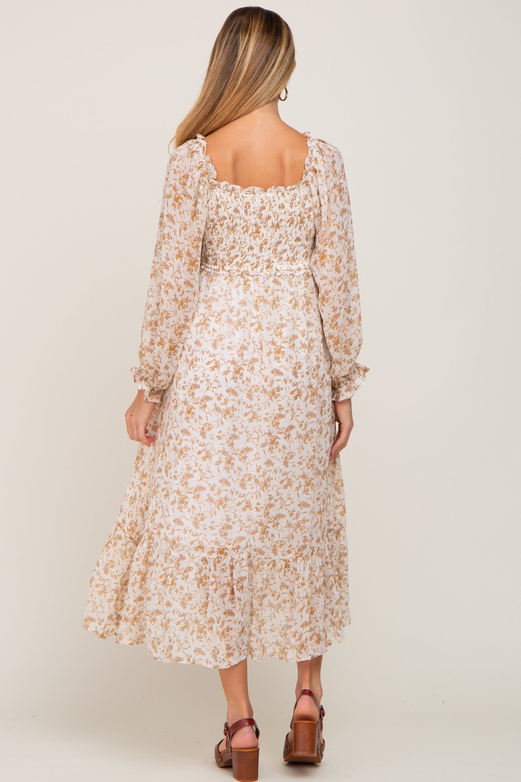 Ivory Floral Chiffon Ruffle Maternity Maxi Dress by PinkBlush at Everetts Place